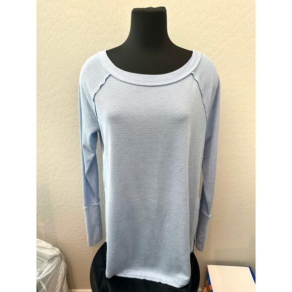 FREE PEOPLE | We The Free Snowy Thermal Blue Waffle Knit Top | Medium - Picture 2 of 7
